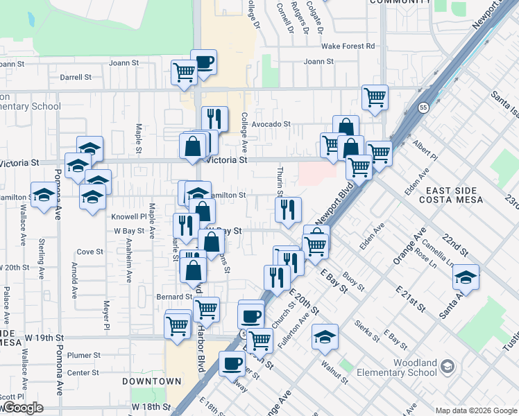 map of restaurants, bars, coffee shops, grocery stores, and more near 376 West Bay Street in Costa Mesa