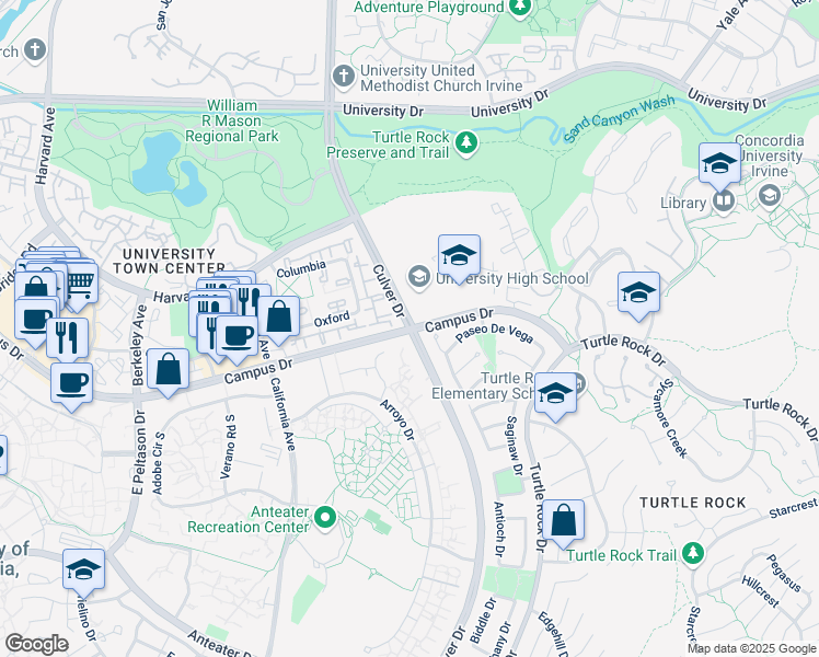 map of restaurants, bars, coffee shops, grocery stores, and more near Culver Drive & Campus Drive in Irvine