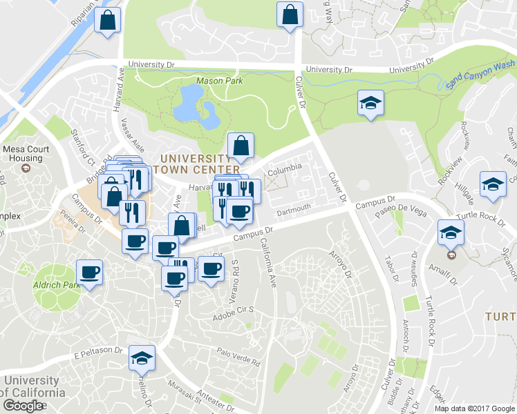 map of restaurants, bars, coffee shops, grocery stores, and more near 46 Exeter in Irvine