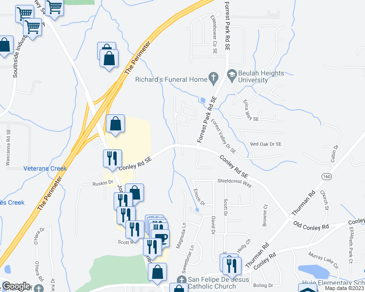 map of restaurants, bars, coffee shops, grocery stores, and more near 894 Conley Road Southeast in Atlanta