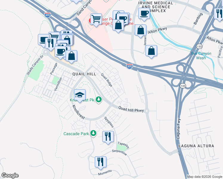 map of restaurants, bars, coffee shops, grocery stores, and more near 410 Quail Ridge in Irvine