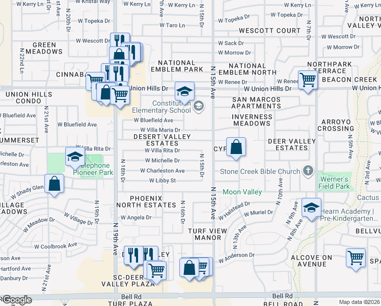 map of restaurants, bars, coffee shops, grocery stores, and more near 1543 West Michelle Drive in Phoenix