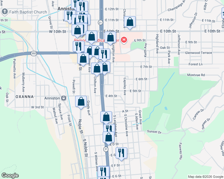map of restaurants, bars, coffee shops, grocery stores, and more near 400 Leighton Avenue in Anniston