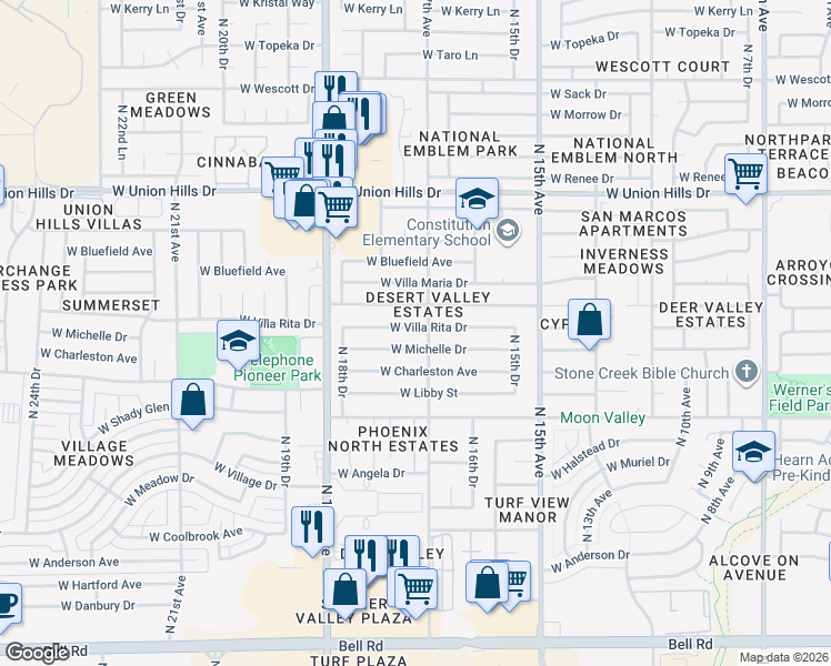 map of restaurants, bars, coffee shops, grocery stores, and more near 1707 West Villa Rita Drive in Phoenix
