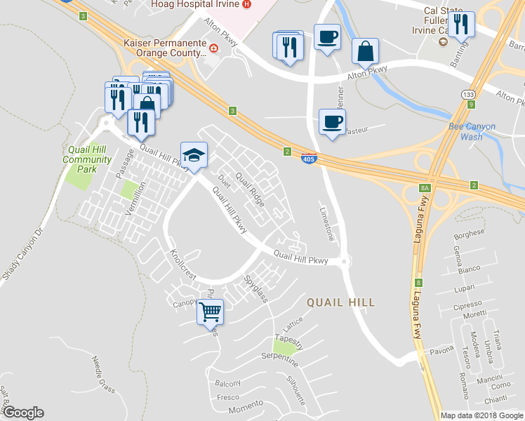 map of restaurants, bars, coffee shops, grocery stores, and more near 410 Quail Ridge in Irvine