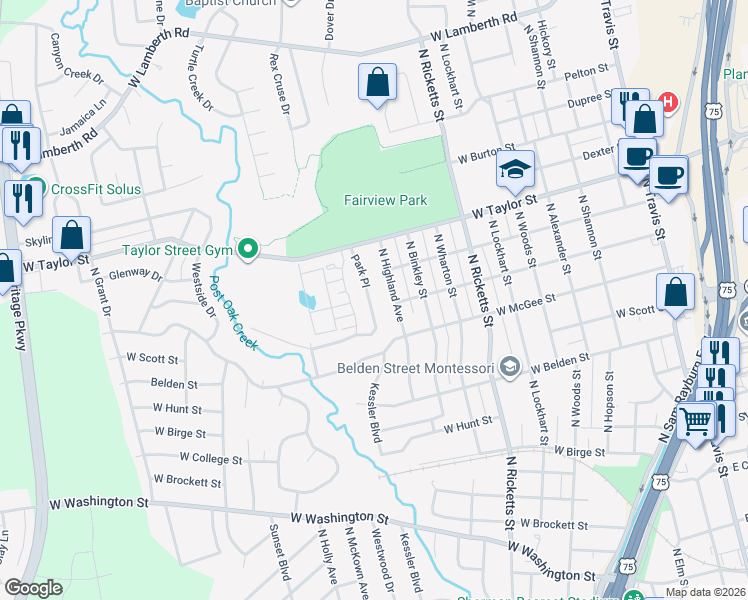 map of restaurants, bars, coffee shops, grocery stores, and more near 1201 Park Place in Sherman