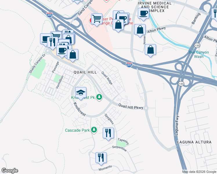 map of restaurants, bars, coffee shops, grocery stores, and more near 85 Reunion in Irvine