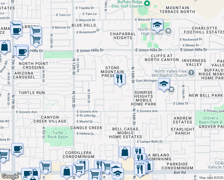 map of restaurants, bars, coffee shops, grocery stores, and more near 1425 East Michelle Drive in Phoenix