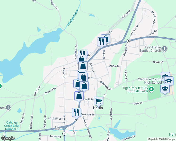 map of restaurants, bars, coffee shops, grocery stores, and more near 10064 Alabama 46 in Heflin