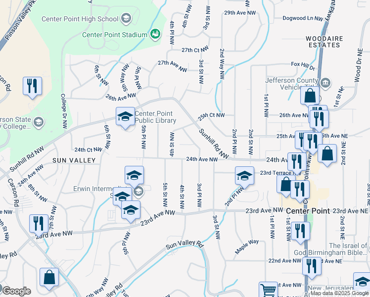map of restaurants, bars, coffee shops, grocery stores, and more near 329 24th Court Northwest in Center Point