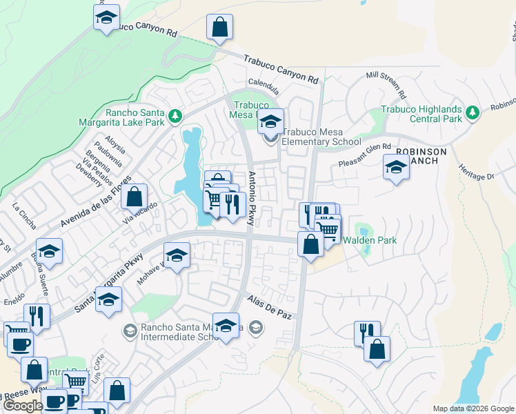 map of restaurants, bars, coffee shops, grocery stores, and more near in Rancho Santa Margarita