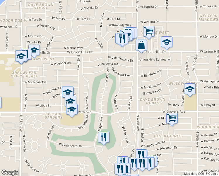 map of restaurants, bars, coffee shops, grocery stores, and more near 18035 North 45th Avenue in Glendale