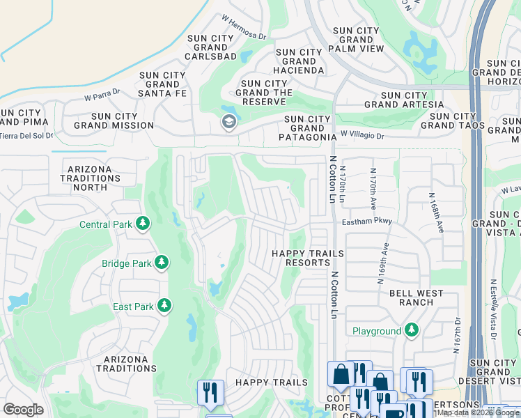 map of restaurants, bars, coffee shops, grocery stores, and more near 17200 West Bell Road in Surprise
