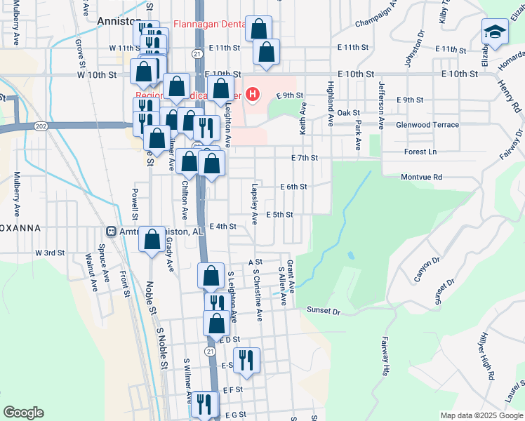 map of restaurants, bars, coffee shops, grocery stores, and more near 410 Goodwin Circle in Anniston