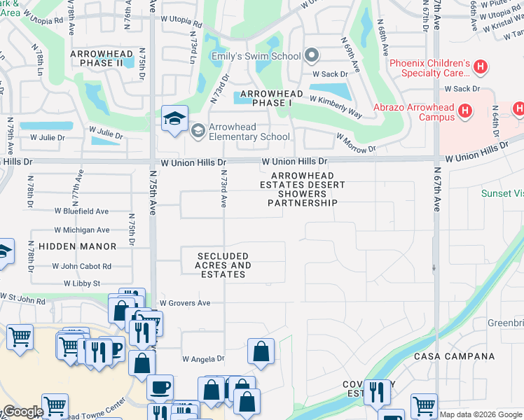 map of restaurants, bars, coffee shops, grocery stores, and more near 7145 West Bluefield Avenue in Glendale