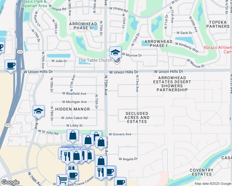 map of restaurants, bars, coffee shops, grocery stores, and more near 18215 North 75th Avenue in Glendale