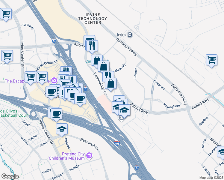 map of restaurants, bars, coffee shops, grocery stores, and more near 16 Technology Drive in Irvine