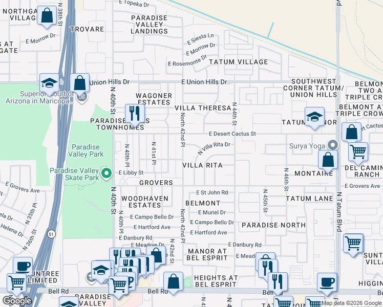 map of restaurants, bars, coffee shops, grocery stores, and more near 17839 North 42nd Place in Phoenix