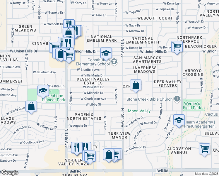 map of restaurants, bars, coffee shops, grocery stores, and more near 1543 West Michelle Drive in Phoenix