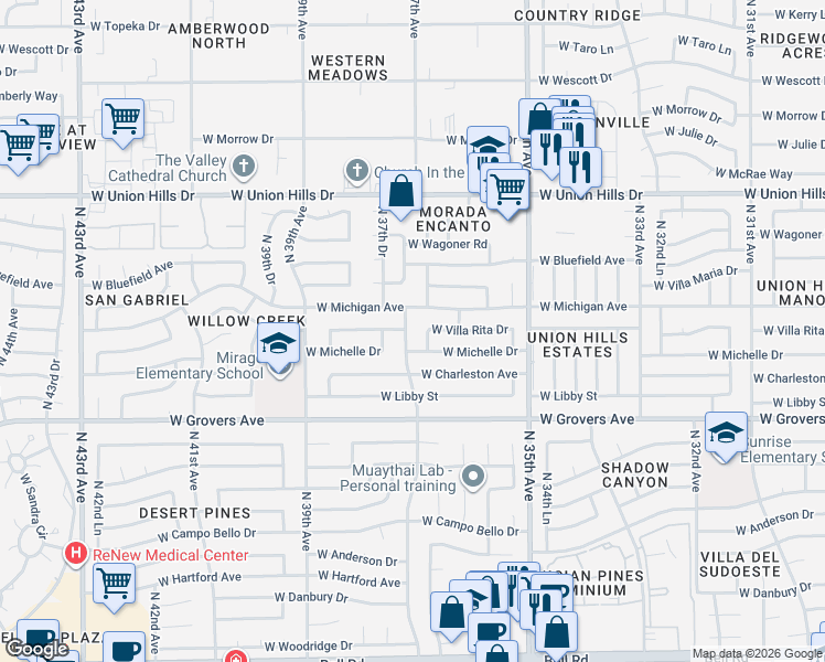 map of restaurants, bars, coffee shops, grocery stores, and more near 3645 West Michelle Drive in Glendale