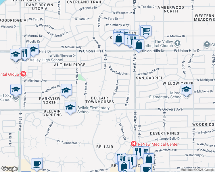 map of restaurants, bars, coffee shops, grocery stores, and more near 18035 North 45th Avenue in Glendale