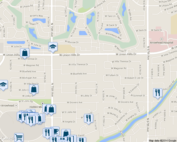 map of restaurants, bars, coffee shops, grocery stores, and more near 7145 West Bluefield Avenue in Glendale