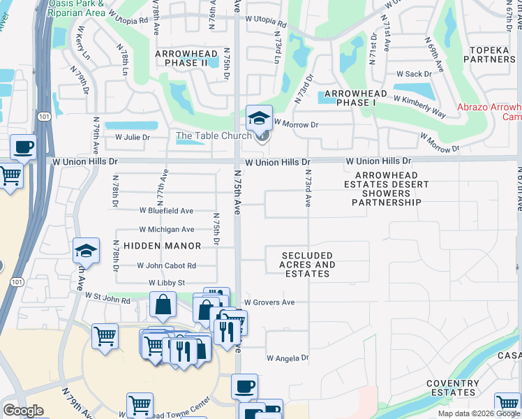 map of restaurants, bars, coffee shops, grocery stores, and more near 18215 North 75th Avenue in Glendale