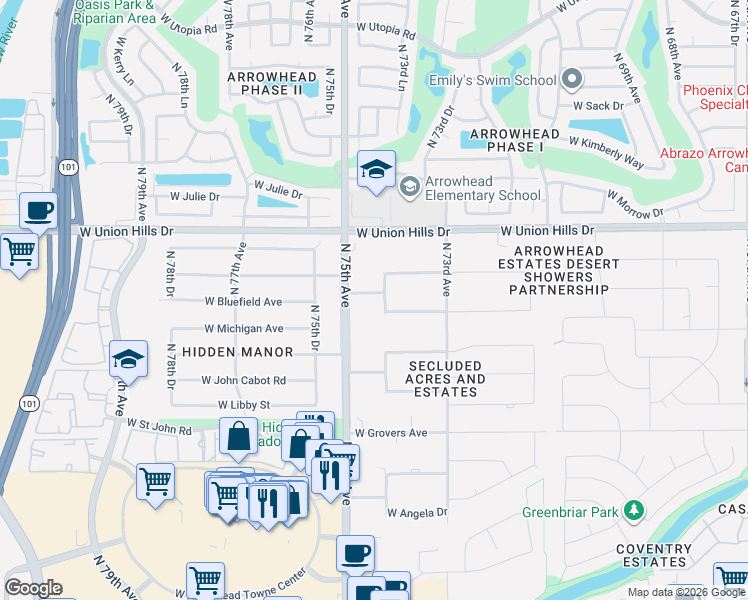 map of restaurants, bars, coffee shops, grocery stores, and more near 18215 North 75th Avenue in Glendale