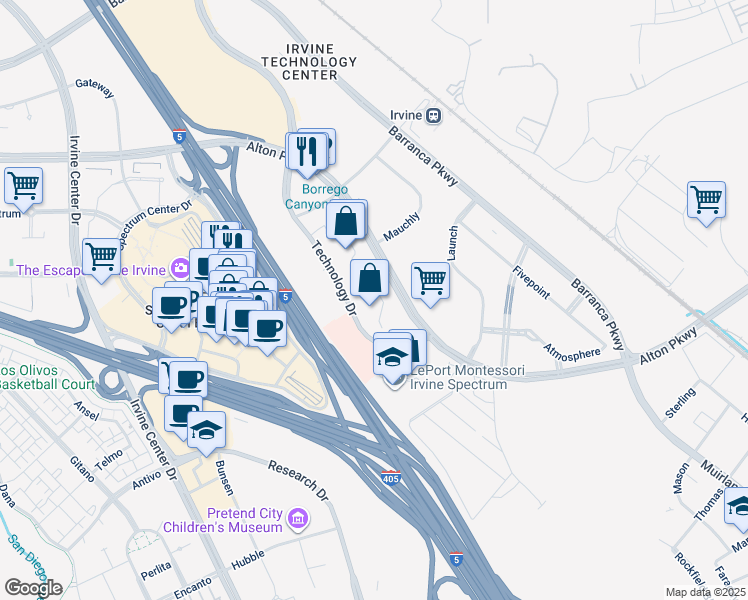 map of restaurants, bars, coffee shops, grocery stores, and more near 16 Technology Drive in Irvine