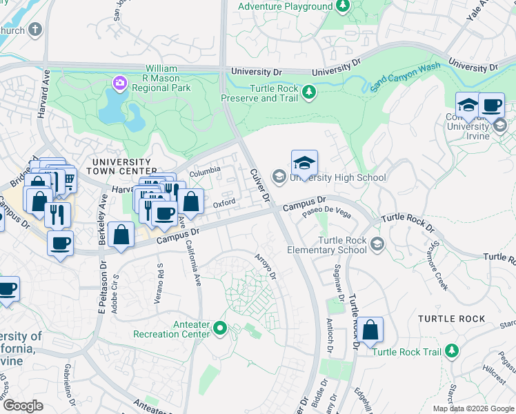map of restaurants, bars, coffee shops, grocery stores, and more near 28509 Arroyo Drive in Irvine