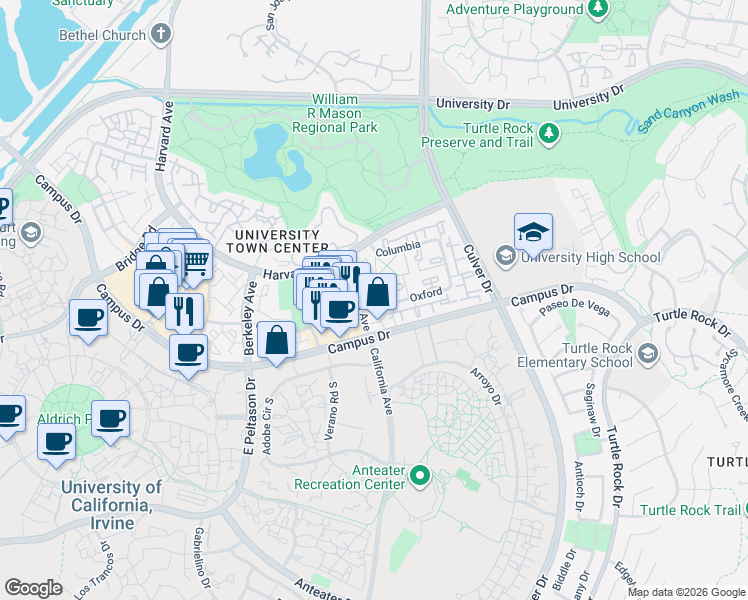 map of restaurants, bars, coffee shops, grocery stores, and more near in Irvine