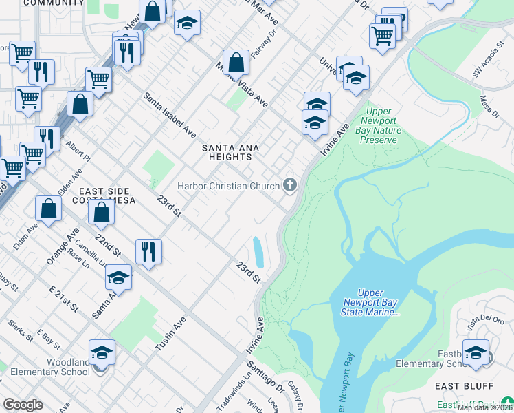 map of restaurants, bars, coffee shops, grocery stores, and more near 383 Newport Glen Court in Newport Beach