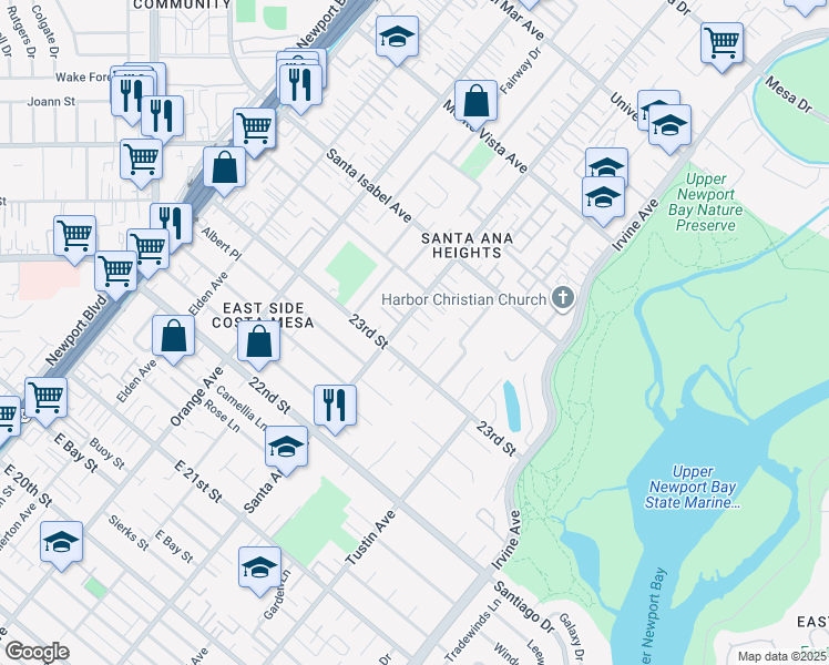 map of restaurants, bars, coffee shops, grocery stores, and more near 2313 La Linda Place in Newport Beach