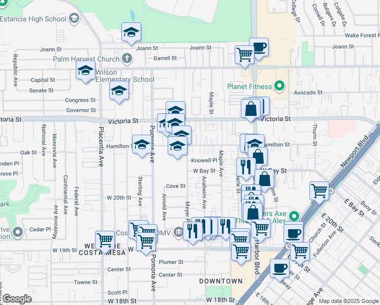 map of restaurants, bars, coffee shops, grocery stores, and more near 615 Knowell Place in Costa Mesa