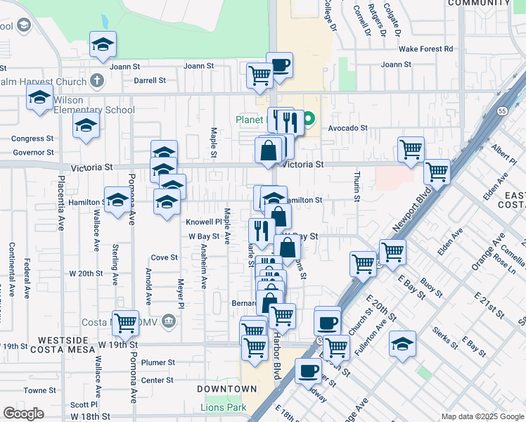 map of restaurants, bars, coffee shops, grocery stores, and more near 2076 Caleigh Lane in Costa Mesa