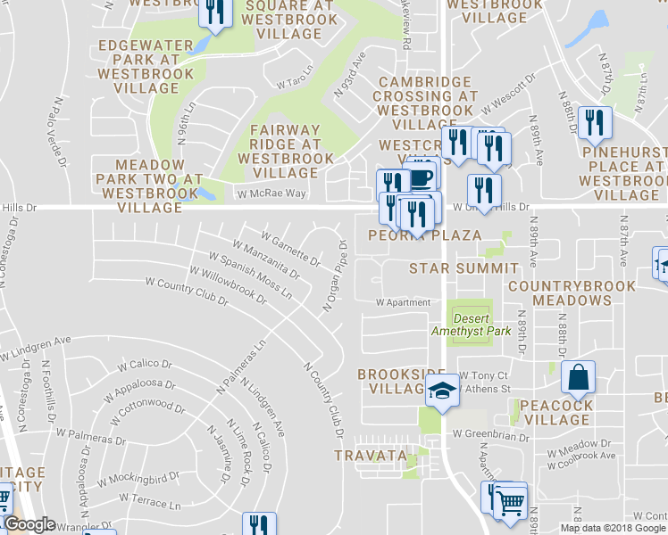 map of restaurants, bars, coffee shops, grocery stores, and more near 18214 North Organ Pipe Drive in Sun City