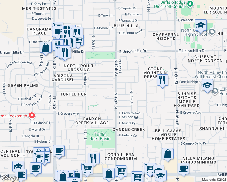 map of restaurants, bars, coffee shops, grocery stores, and more near 18002 North 12th Street in Phoenix