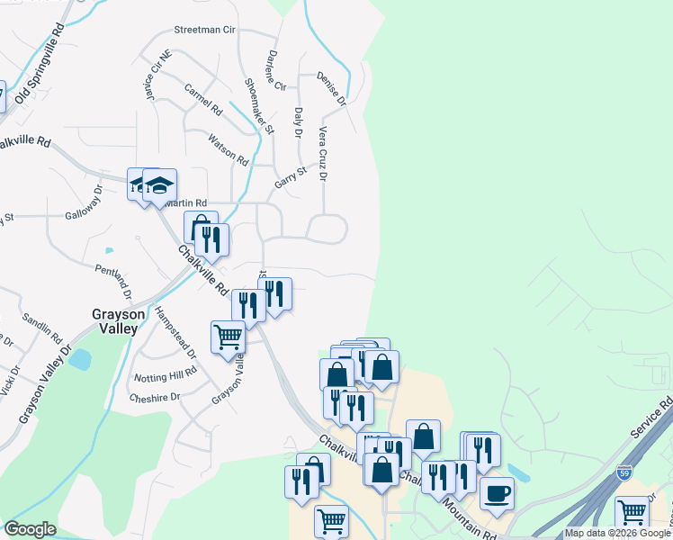 map of restaurants, bars, coffee shops, grocery stores, and more near 5198 Falling Creek Lane in Birmingham