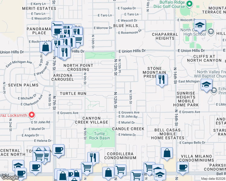 map of restaurants, bars, coffee shops, grocery stores, and more near 18002 North 12th Street in Phoenix