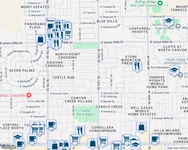 map of restaurants, bars, coffee shops, grocery stores, and more near 18002 North 12th Street in Phoenix