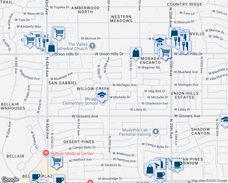 map of restaurants, bars, coffee shops, grocery stores, and more near 3851 West Michelle Drive in Glendale
