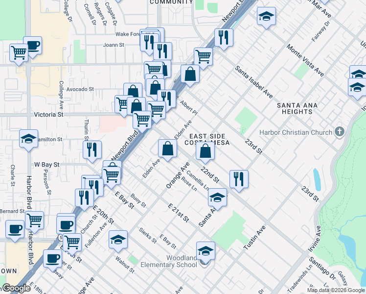 map of restaurants, bars, coffee shops, grocery stores, and more near 177 22nd Street in Costa Mesa