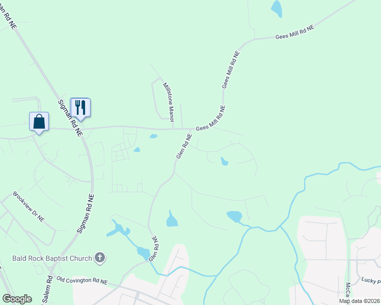 map of restaurants, bars, coffee shops, grocery stores, and more near 355 Glen Road Northeast in Conyers