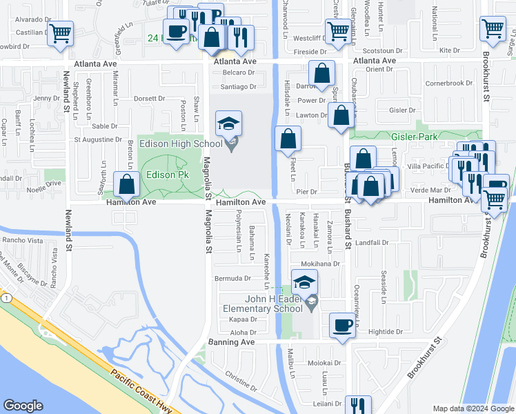 map of restaurants, bars, coffee shops, grocery stores, and more near 9171 Regatta Drive in Huntington Beach