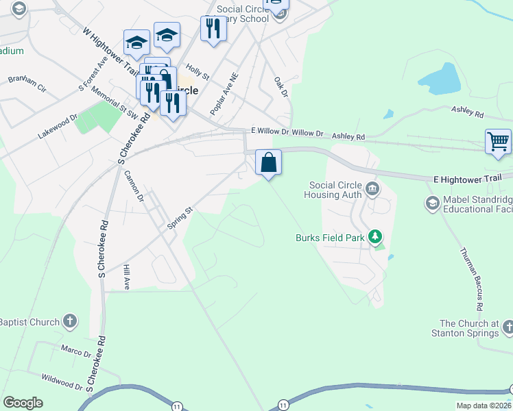 map of restaurants, bars, coffee shops, grocery stores, and more near 713 Vine Circle in Social Circle