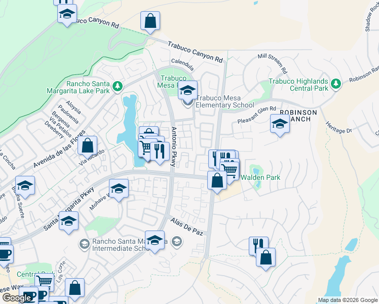 map of restaurants, bars, coffee shops, grocery stores, and more near 3 Vía Becerra in Rancho Santa Margarita