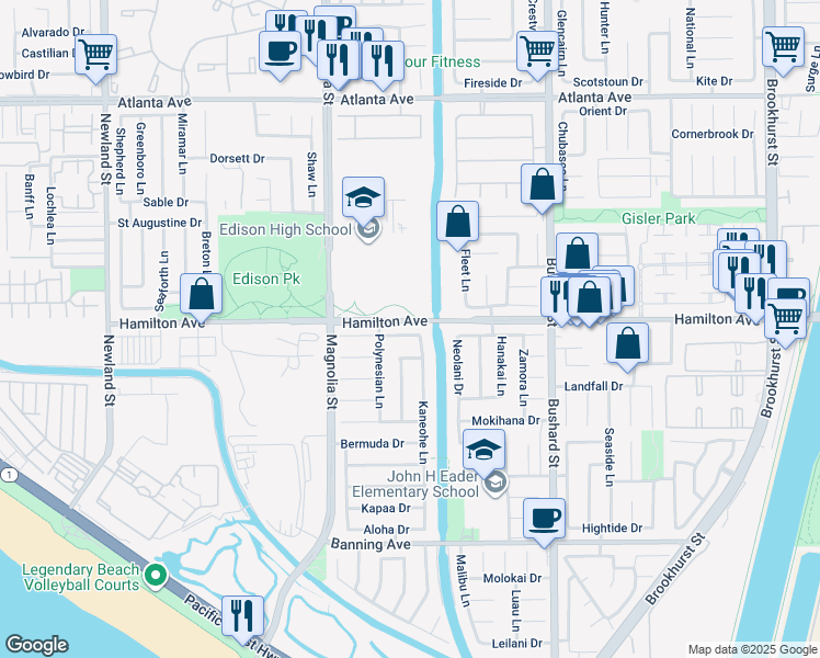 map of restaurants, bars, coffee shops, grocery stores, and more near 9171 Regatta Drive in Huntington Beach