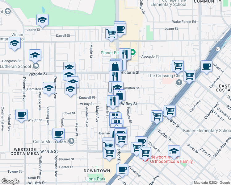 map of restaurants, bars, coffee shops, grocery stores, and more near 2076 Caleigh Lane in Costa Mesa