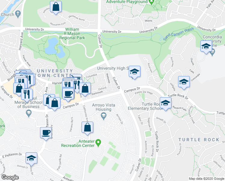 map of restaurants, bars, coffee shops, grocery stores, and more near 110 Wellesley in Irvine
