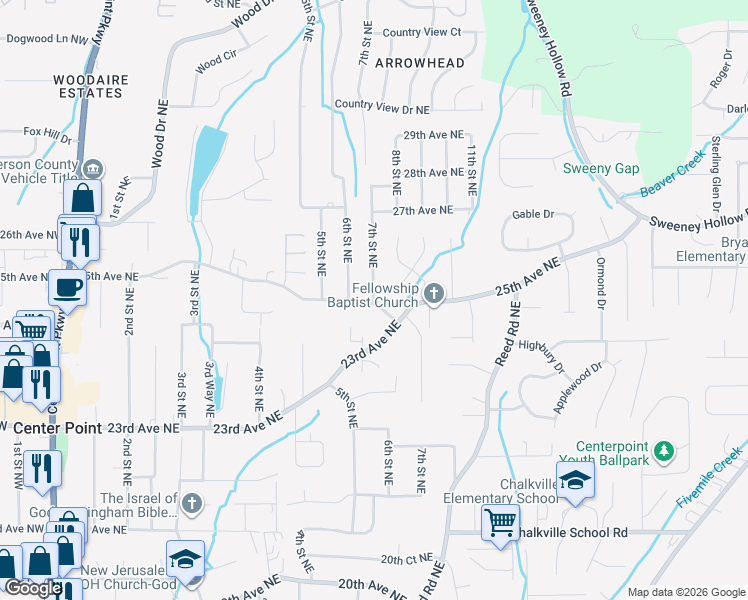 map of restaurants, bars, coffee shops, grocery stores, and more near 2441 7th Street Northeast in Center Point